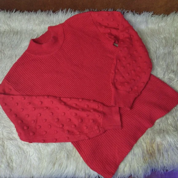 CeCe Luminous Red Pullover Ribbed Knit Sweater With Bobble Sleeves Size S - Picture 3 of 8